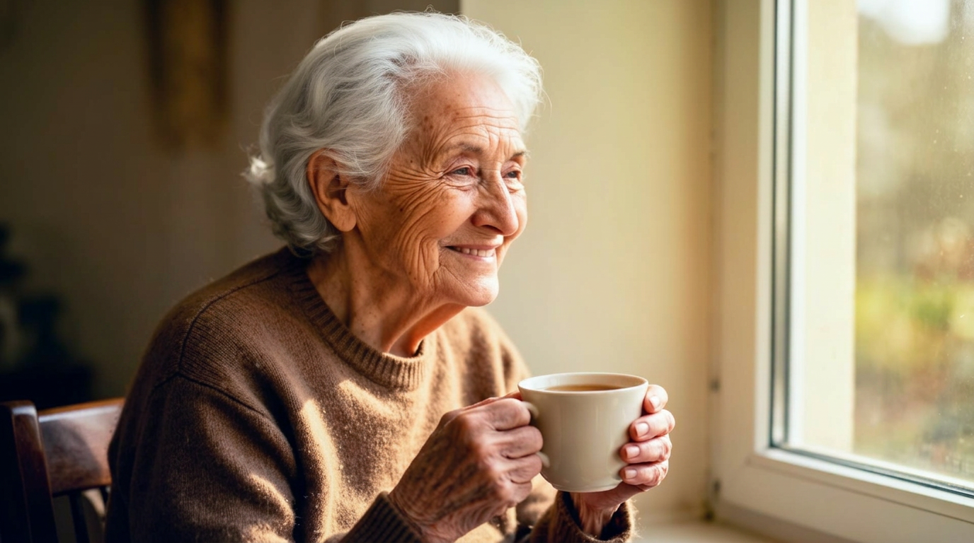 Ältere Dame lächelt mit einer Tasse Tee am Fenster